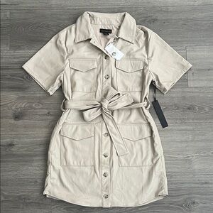 HOUSE OF HARLOW Faux Leather Mini Dress Small Beige Belted Neutral Fall 90s NWT